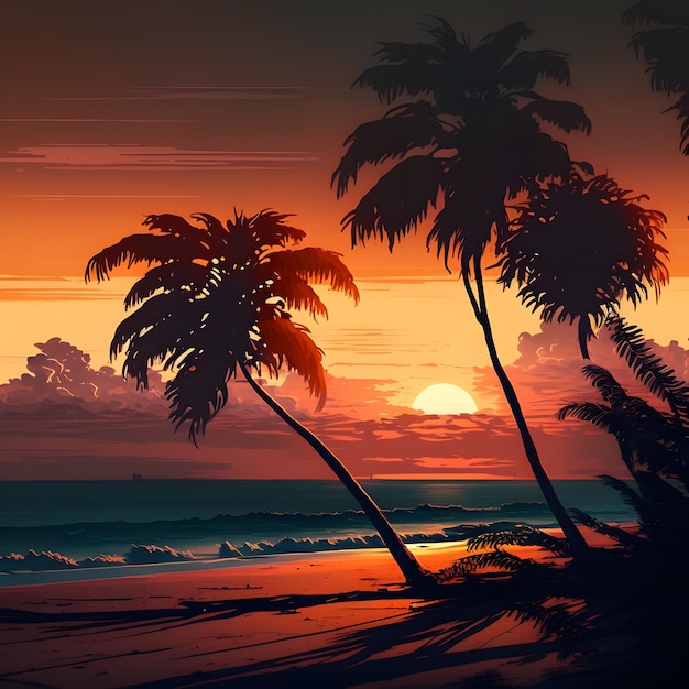 A painting of palm trees on a beach with the sun setting behind them.