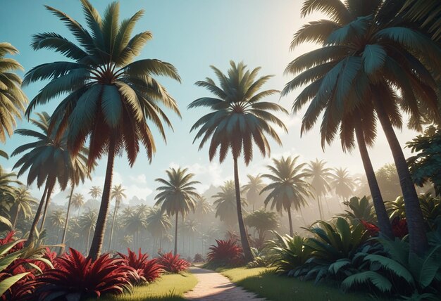 a painting of palm trees in a garden with a path leading to them