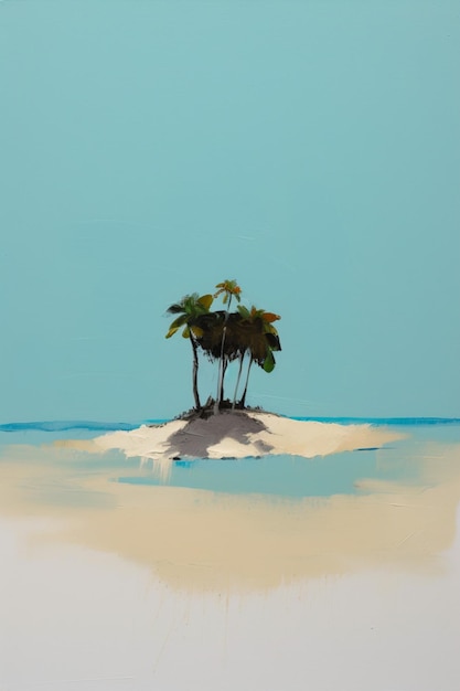 A painting of palm trees on an island with a blue background.