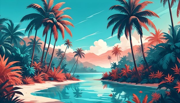 a painting of palm trees and the ocean in the background