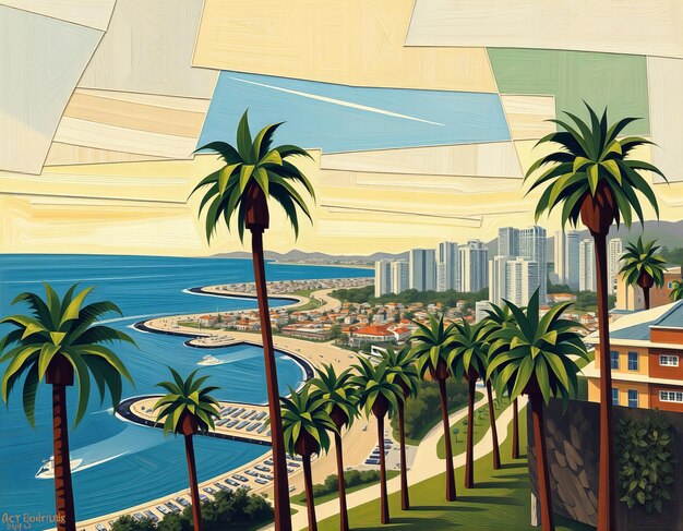 a painting of palm trees and the ocean in the background