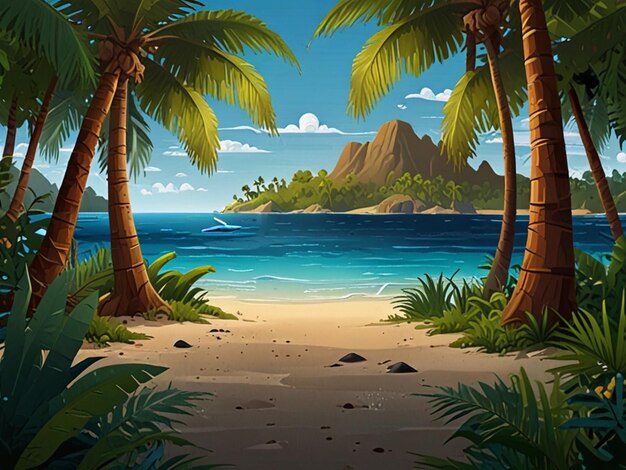 Photo a painting of palm trees and the ocean with a beach scene