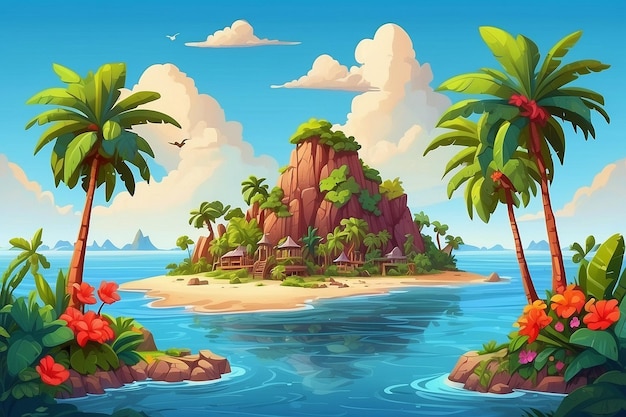 a painting of palm trees and the ocean with a beach scene