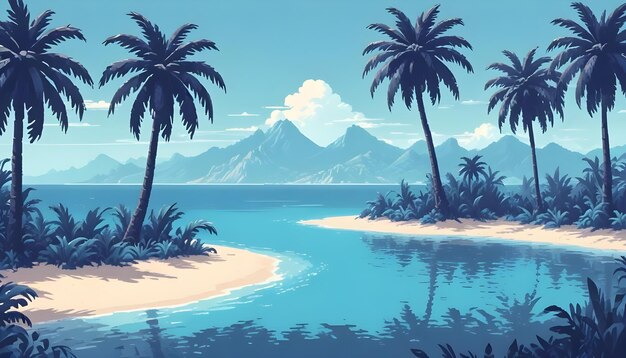 a painting of palm trees and the ocean with mountains in the background