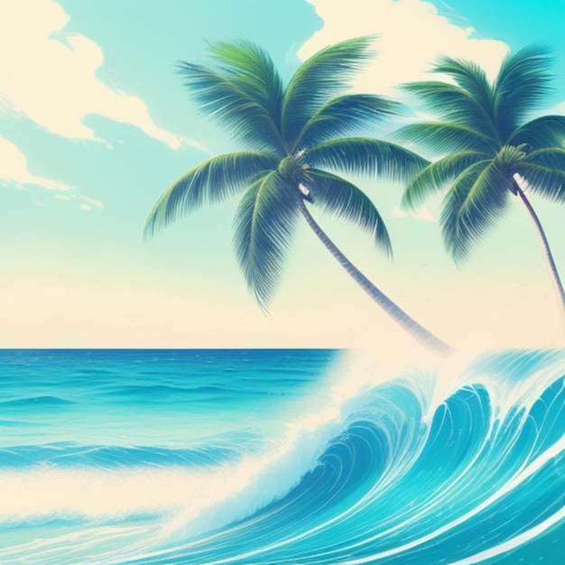 a painting of palm trees in the ocean with the ocean in the background