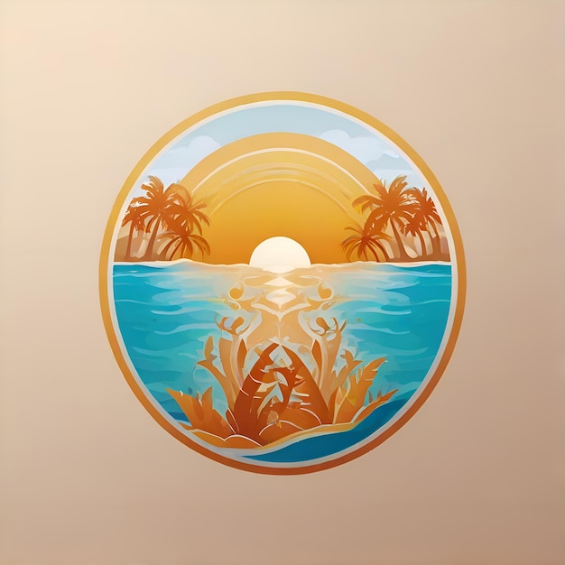 a painting of palm trees and the ocean with the sun setting behind them