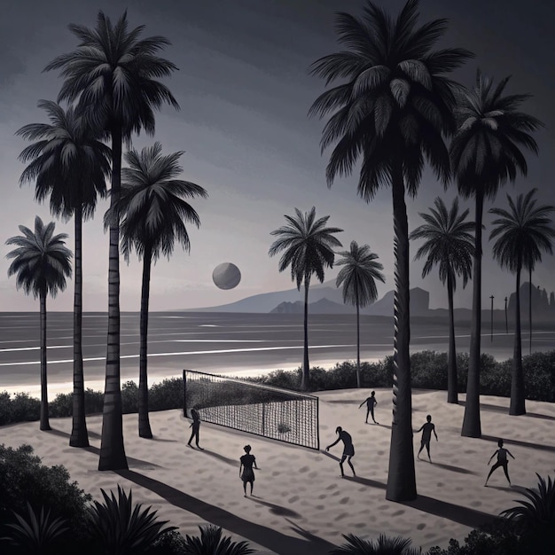 Photo a painting of palm trees and a painting of people playing soccer