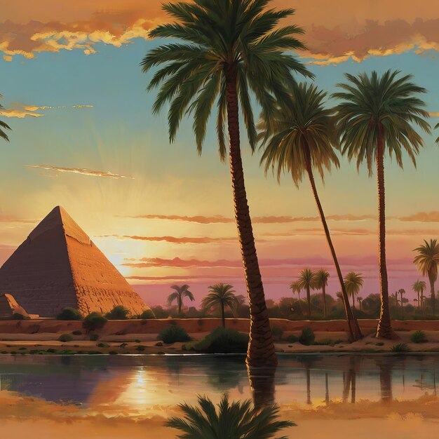 Photo a painting of palm trees and pyramids with the sun setting behind them