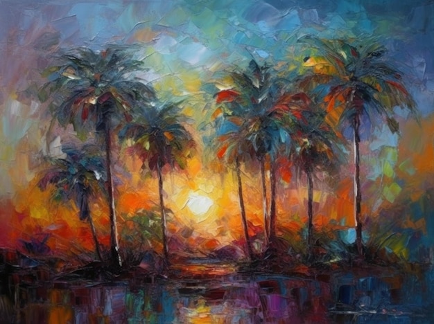 A painting of palm trees with the sun setting behind them.