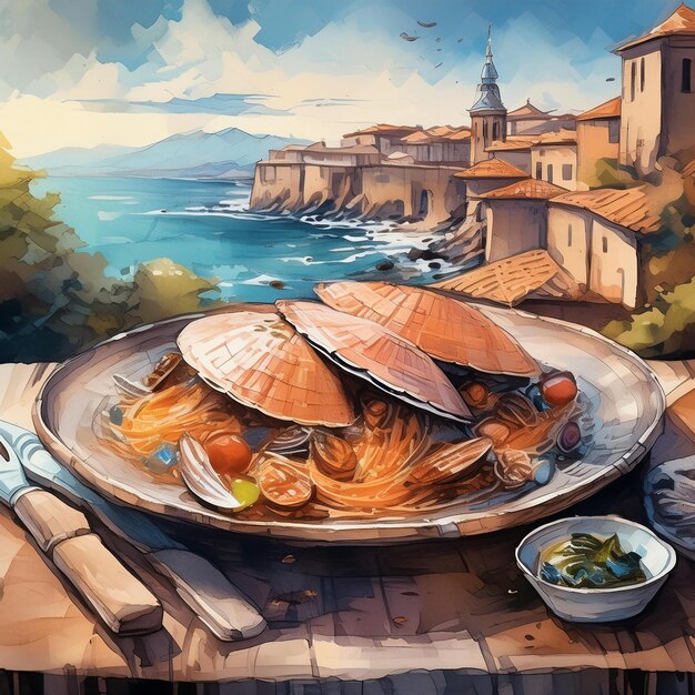 Photo a painting of a pancake with a view of the ocean and a city in the background