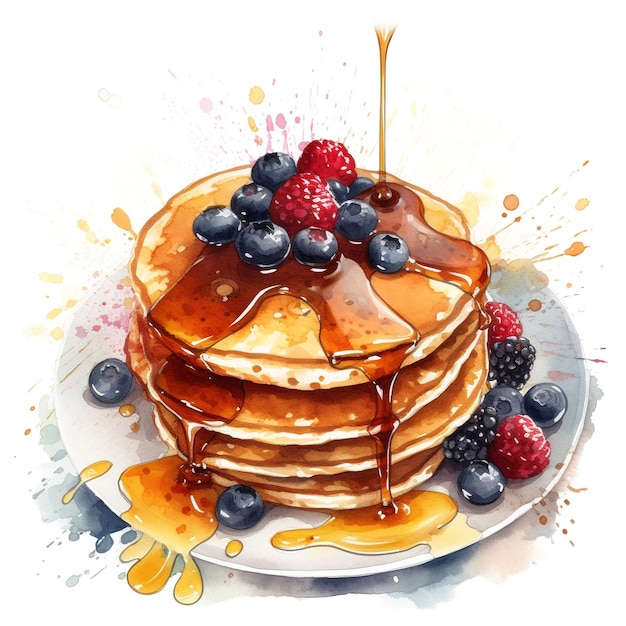 A painting of pancakes with blueberries and blackberries