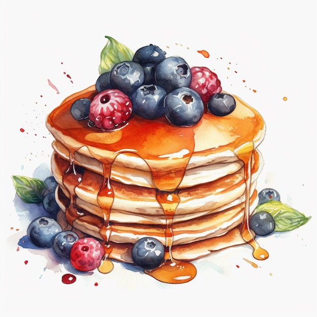 A painting of pancakes with blueberries and blackberries