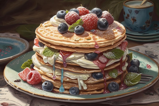 A painting of pancakes with blueberries and raspberries on top.