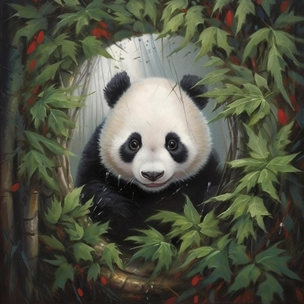 a painting of a panda in a bamboo forest.