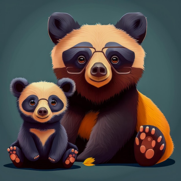 A painting of a panda bear and a baby bear