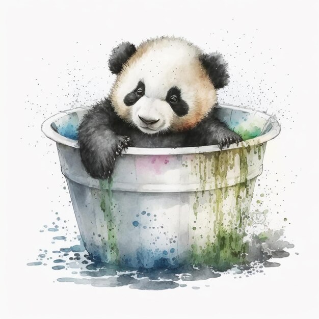 Painting of a panda bear in a tub with watercolor paint generative ai