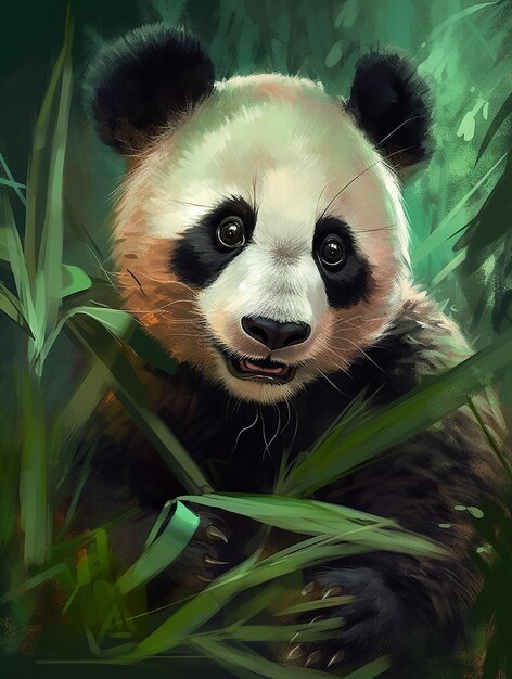 A painting of a panda bear with black eyes and a green leaf.