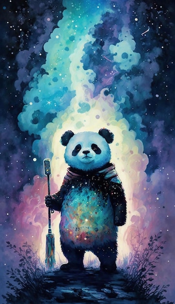 A painting of a panda holding a brush and wearing a scarf.