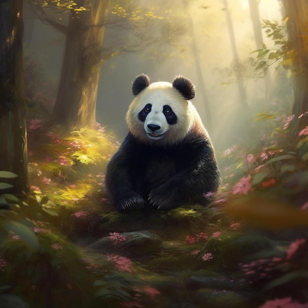 a painting of a panda sitting in a forest with flowers in the background.