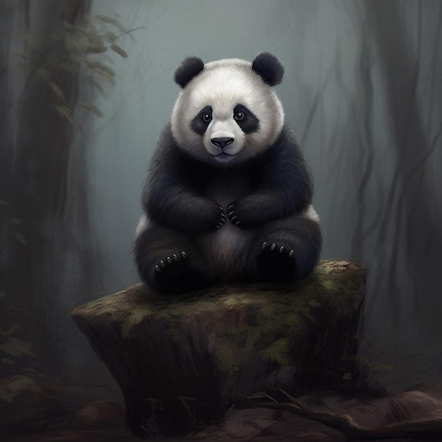 a painting of a panda sitting on a rock in the woods.