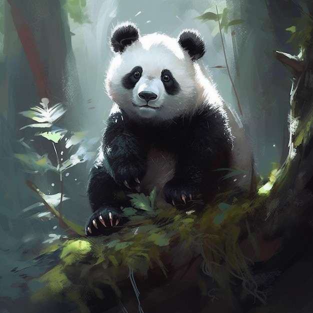 a painting of a panda sitting in a tree with the words panda on it.