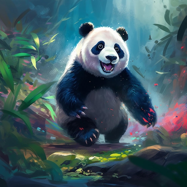 a painting of a panda with a green background with plants and flowers.