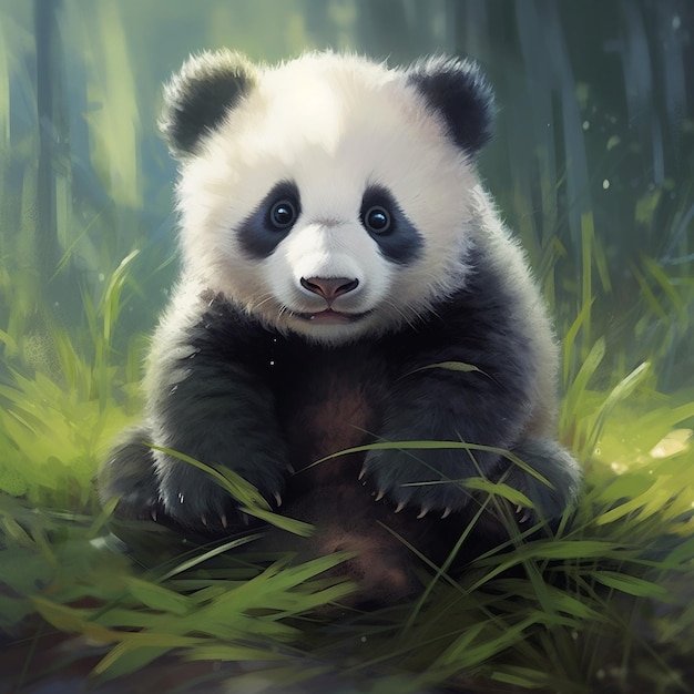 a painting of a panda with a green background