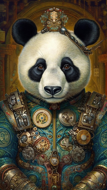 A painting of a panda with a steampunk suit.