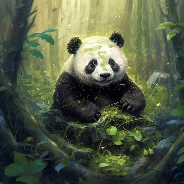 a painting of a panda in the woods with a green leaf on its head.