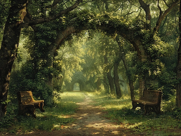 a painting of a park with benches and trees