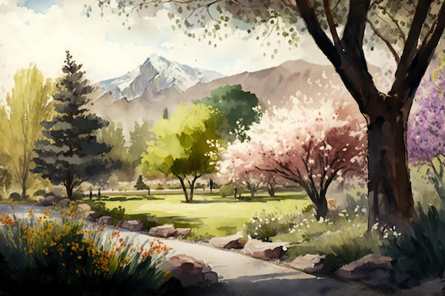 A painting of a park with a mountain in the background.