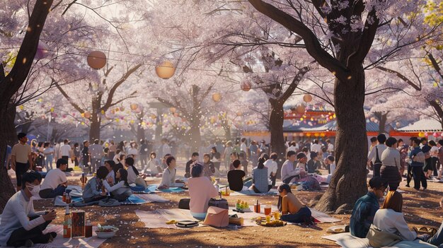 Photo a painting of a park with people sitting under a tree with pink flowers