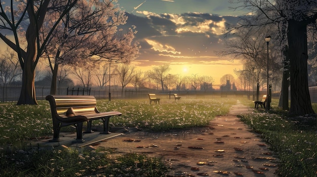 a painting of a park with a sunset in the background