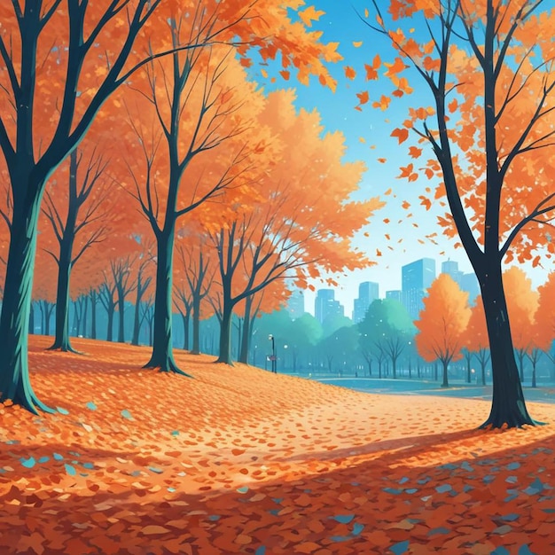 a painting of a park with trees and buildings in the background