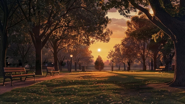 Photo a painting of a park with trees and a sunset in the background