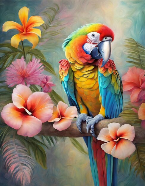 A painting parrot is on a branch with flowers and a parrot