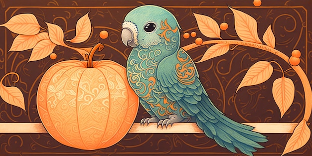 A painting of a parrot and a pumpkin