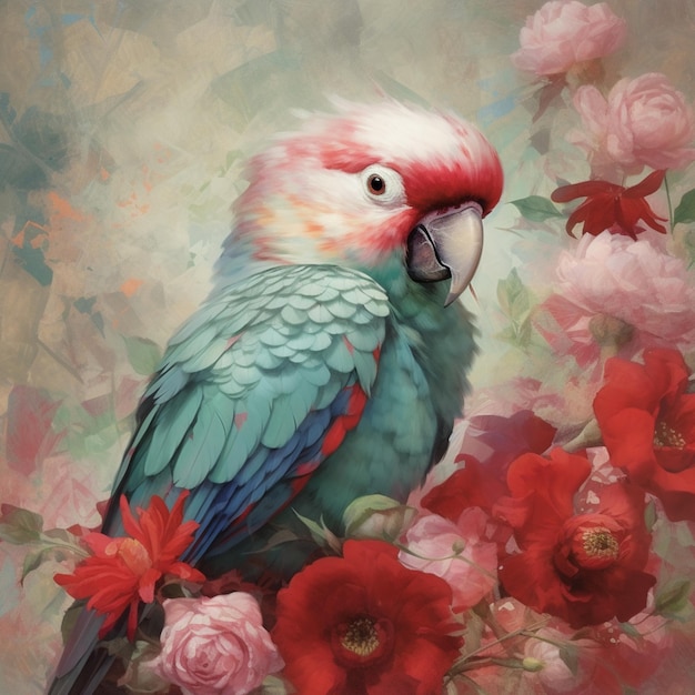 painting of a parrot sitting on a branch with flowers in the background generative ai