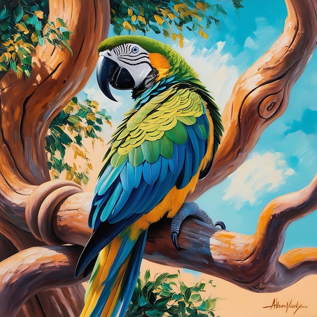 a painting of a parrot on a tree branch with a tree branch in the background