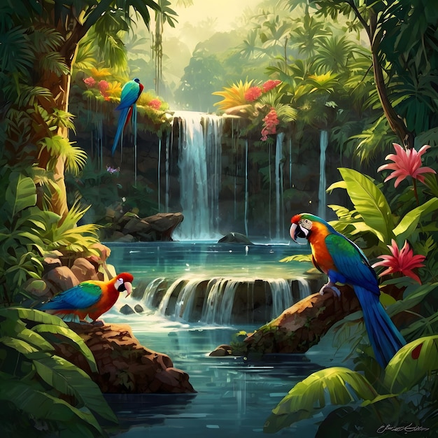 a painting of a parrot and waterfall with a waterfall in the background