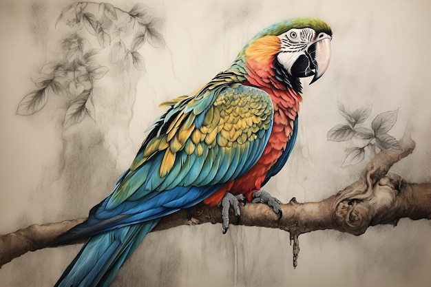 A painting of a parrot with blue and yellow feathers