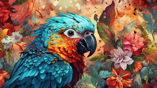 A painting of a parrot with flowers in the background