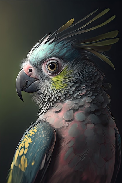 A painting of a parrot with a yellow beak and blue feathers.