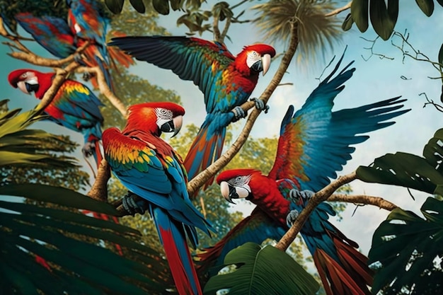 A painting of parrots on a branch with the word parrot on it.