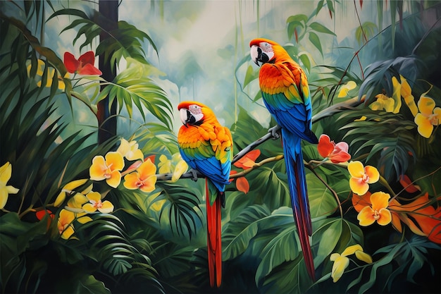 A painting of parrots in a jungle with a butterfly on the branch