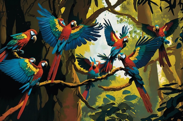 A painting of parrots in a jungle with the word parrots on the left.