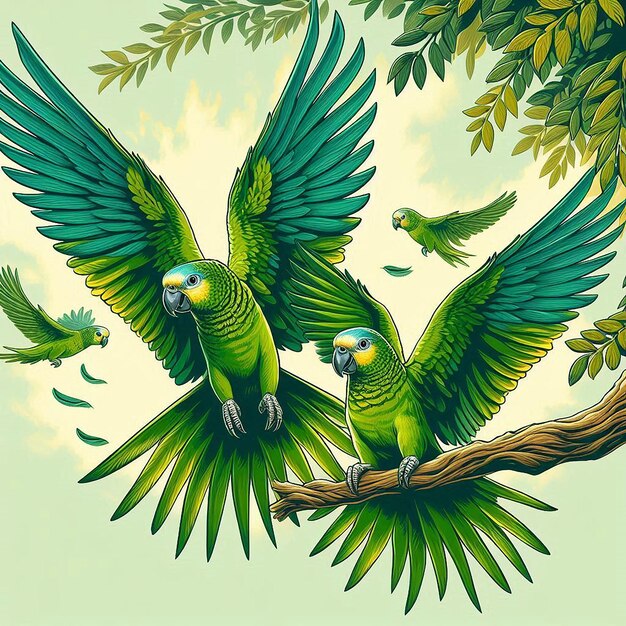 a painting of parrots that are flying in the air