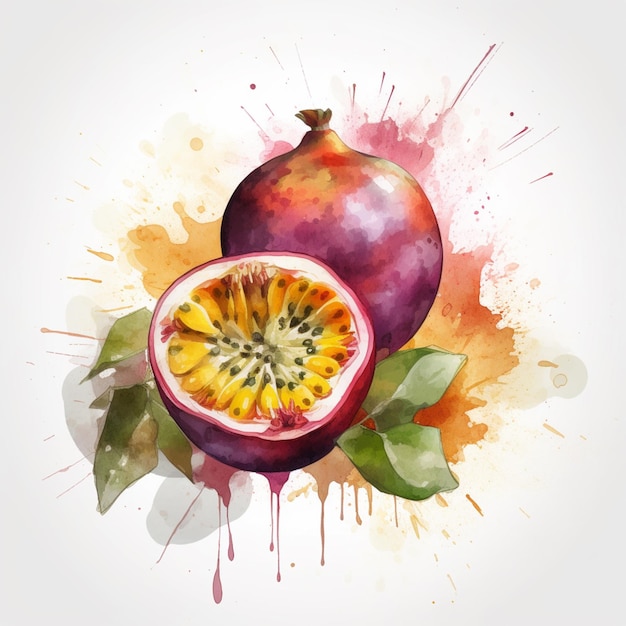 A painting of a passion fruit with a cut piece of fruit.