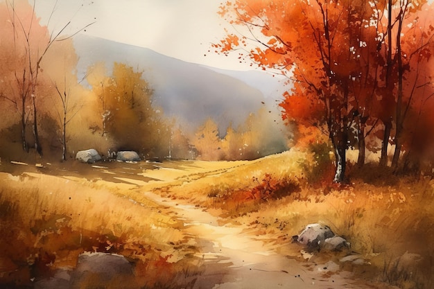 A painting of a path in the autumn forest