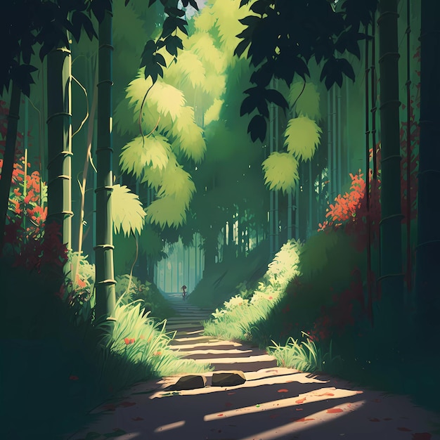 A painting of a path in a bamboo forest with a person on it.